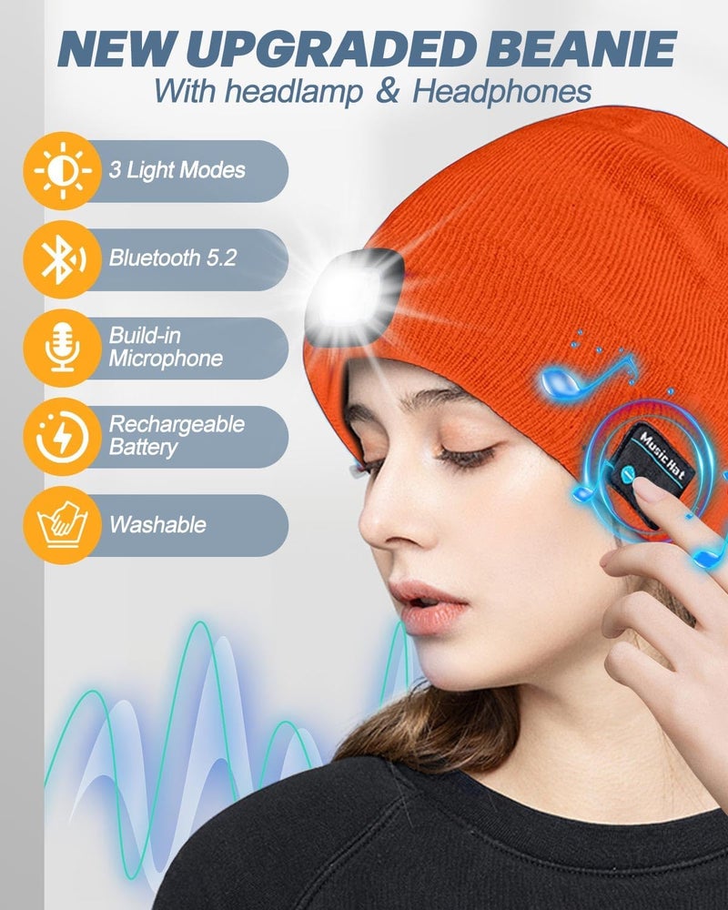 MOXTOYU Bluetooth Beanie with Light, USB Rechargeable LED Headlamp Winter Hat, Christmas Stocking Stuffers Gifts for Men Women - Image 2
